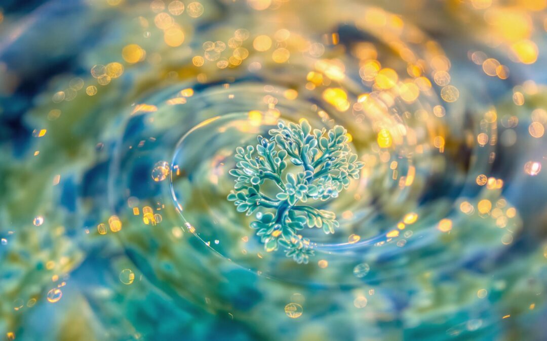 Photographie abstraite d'une plante aquatique avec des reflets lumineux dorés