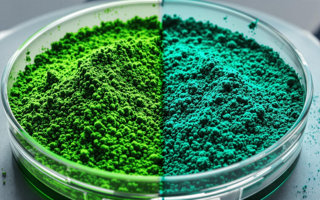 Deux tas de poudre verte et turquoise dans une boîte de Pétri.